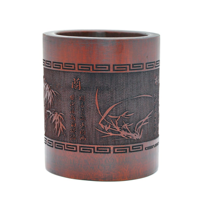 Medifier Vintage Chinese Bamboo Wood Desk Pen Pencil Cup Holder (plum blossoms, orchid, bamboo and chrysanthemum) - Image 2